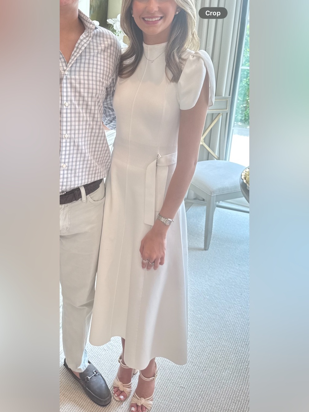 Elegant White Midi Dress with Tie and Shoulder Detail